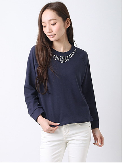 ・ミニ裏毛 ビジュー付クルーネックプルオーバー