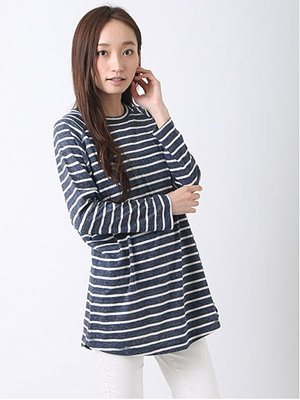 ・粗引杢ボーダー 長袖ラグランチュニック
