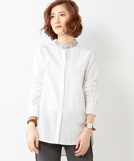 UAB C ビジュー スタンドカラー ロングシャツ