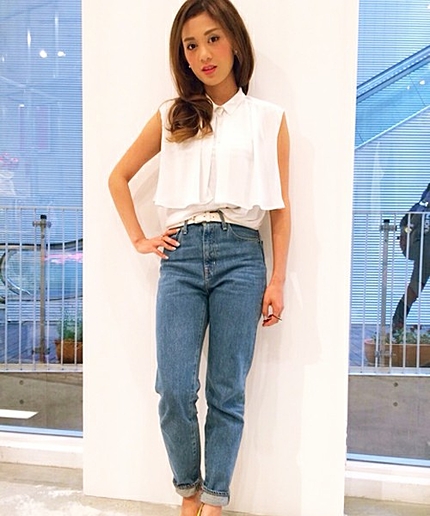 ハイウエストBLUルーズストレートデニム