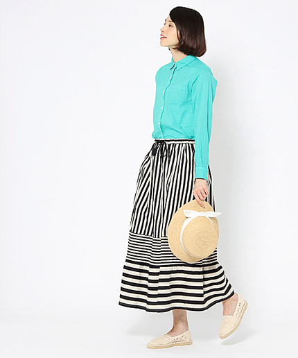 コットンストライプ切り替えロングスカート
