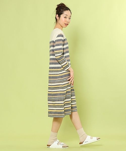 【7/28(火)再値下げ】コットンリネンランダムボーダークルーネックワンピース