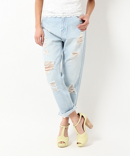 【柔らかな甘織りデニム】ダメージデニムボーイフレンドパンツ