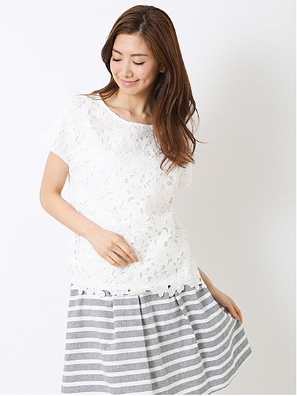 クルーネックレース半袖プルオーバー