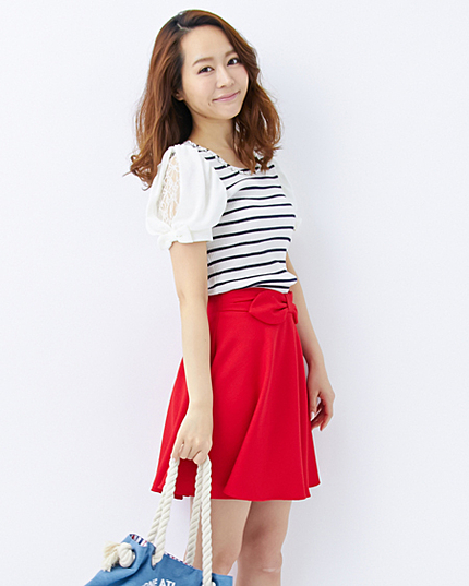 ボーダーリボン袖／TOPS