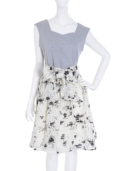 【W】格子フラワーコンビワンピース