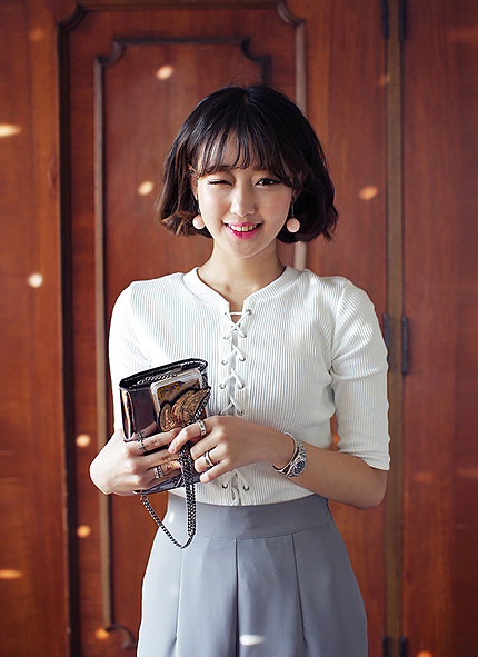 レースアップリブニットトップス・全2色・t44152