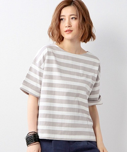 UAW C ボーダー バックジップ カットソー ライトグレー