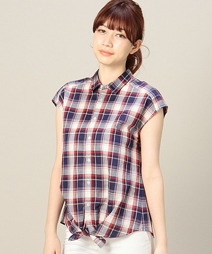 BYBC コットンリネンチェックタイブラウス