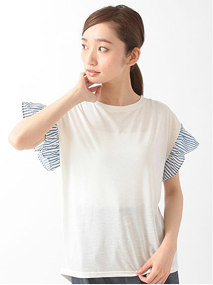 【Special Price】ストライプフリル半袖ドルマンプルオーバー