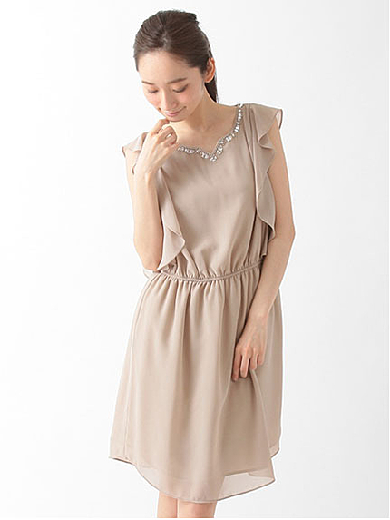 Vネックビジューラッフルドレス