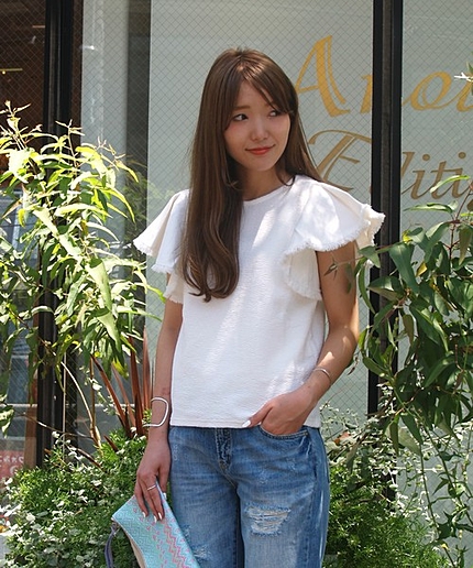 袖デニムフリンジTシャツ/AEBC ソデDNMフリンジ Tee