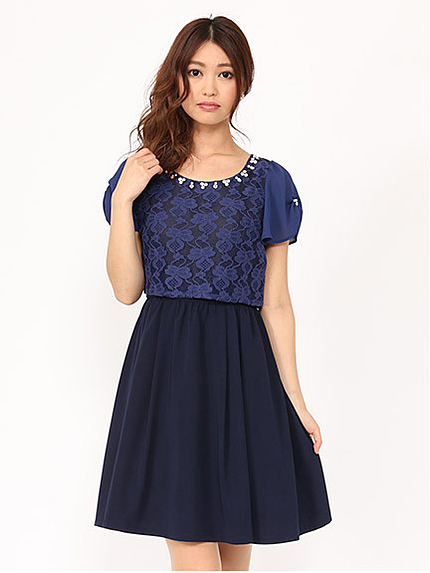 デコルテレースバイカラーワンピース