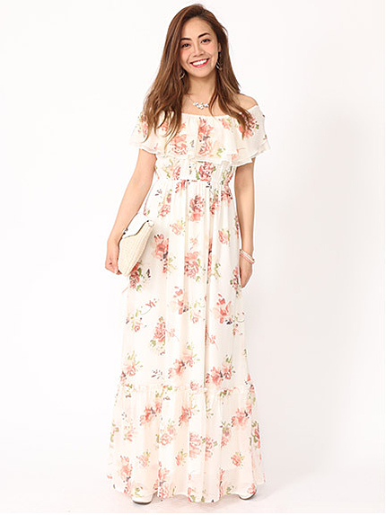 花柄オフショルマキシワンピース