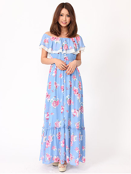 花柄オフショルマキシワンピース