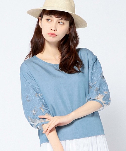 カットワークスリーブブラウスブルー/AEBC  CUT WORK SLV BL