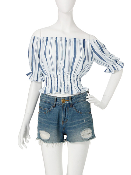 【R】ストライプオフショルトップス
