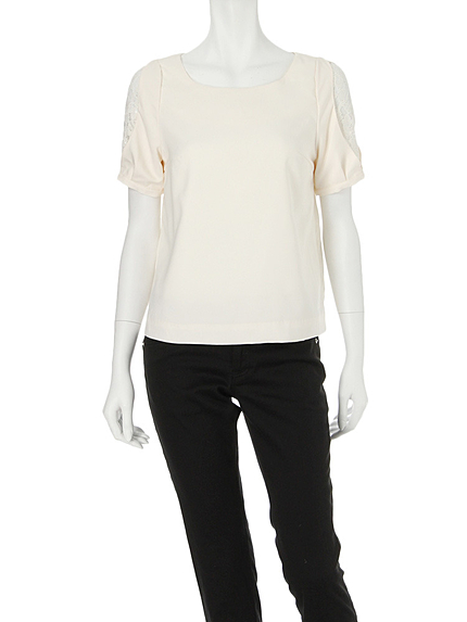 【DUO】 バックサテン半袖レース切替ブラウス