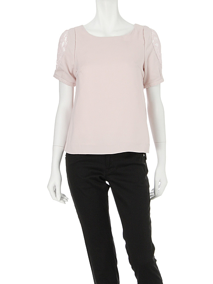 【DUO】 バックサテン半袖レース切替ブラウス