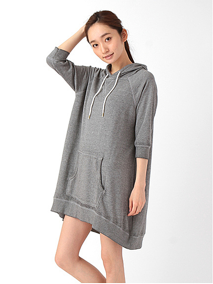裏毛ユーズド加工 7分袖フード付ワンピース
