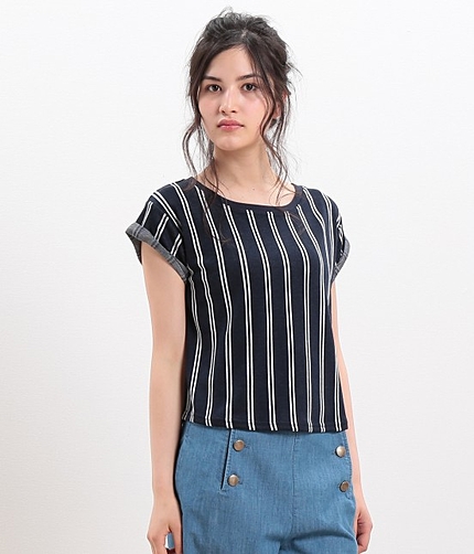 【今だけ!セールOFF率からさらに10%OFF】 ★7/9ヒルナンデス!でご紹介★ ストライプジャガードショート丈トップス