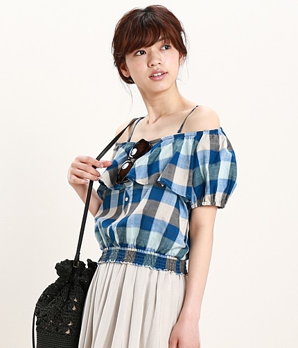 スラブチェックオフショルダーブラウス