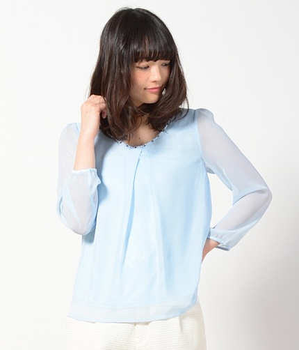 【WEB限定40サイズ】ビジュー付きシフォンコンビブラウス