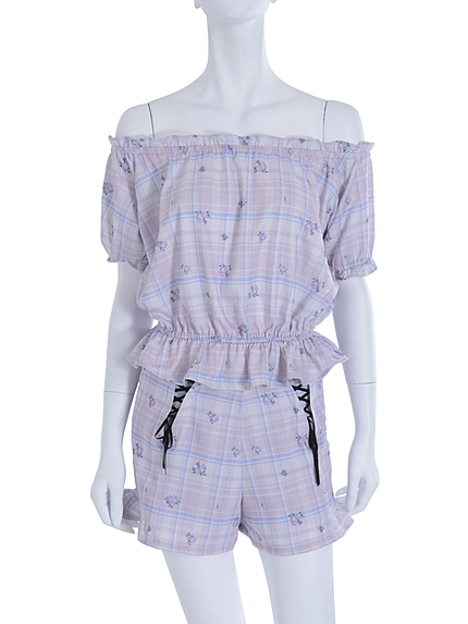 チェック×花柄BACKレースアップブラウジングTOPS