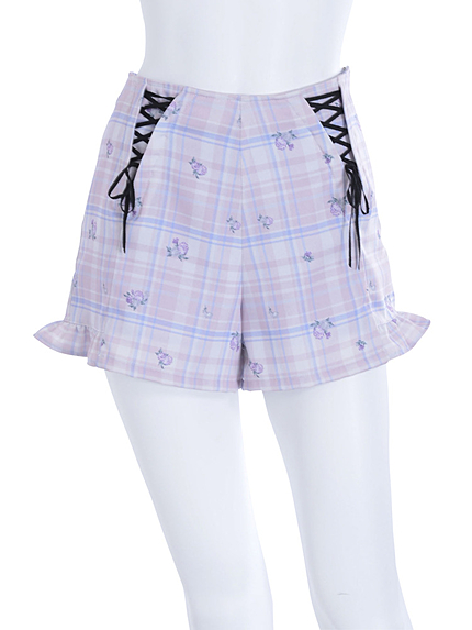チェック×花柄レースアップ裾フリルショートパンツ