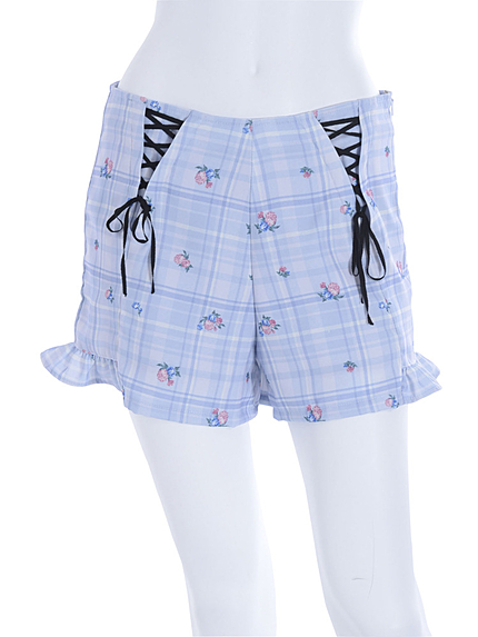 チェック×花柄レースアップ裾フリルショートパンツ
