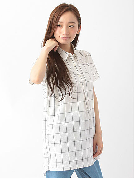 先染め 7分袖スキッパーチュニック