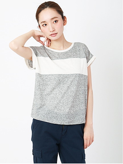 麻混バイカラー ドロップショルダープルオーバー