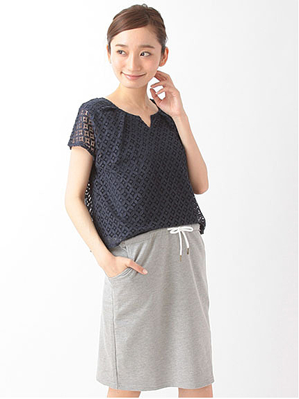 レース切替 半袖ワンピース