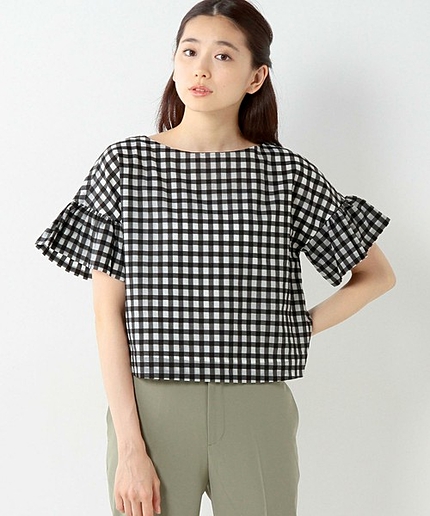 ○Philo ギンガム ソデ ギャザー ブラウス