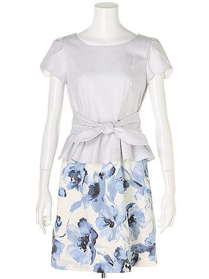 ぼかしフラワーぺプラムリボンドッキングワンピ