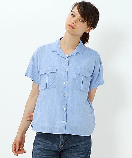 綿レーヨン麻アソート柄ポケットシャツ