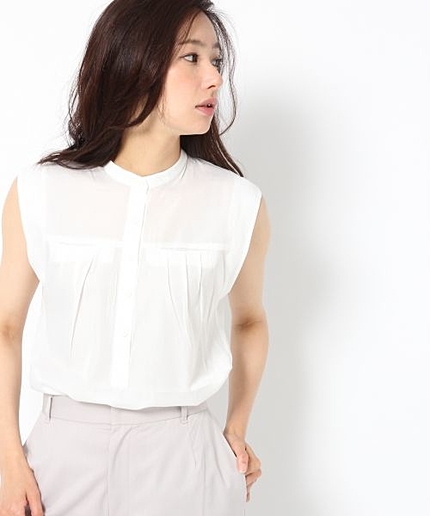 【期間限定20％OFF対象】シルキースタンドカラーノースリーブシャツ