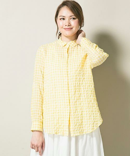 先染シャーリング2WAYｶシュクールギンガムシャツ