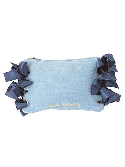 ・デニムサイドリボンブルーMポーチ