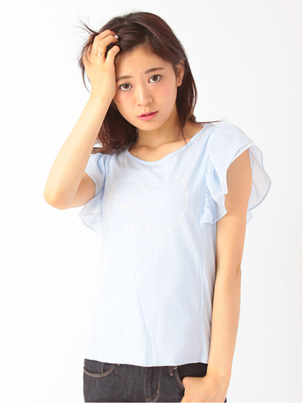 【Special Price】フリルスリーブハートプリントTシャツ