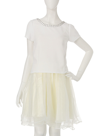 【W】襟ビジューＴＯＰＳ×オーガンジーコンビワンピース