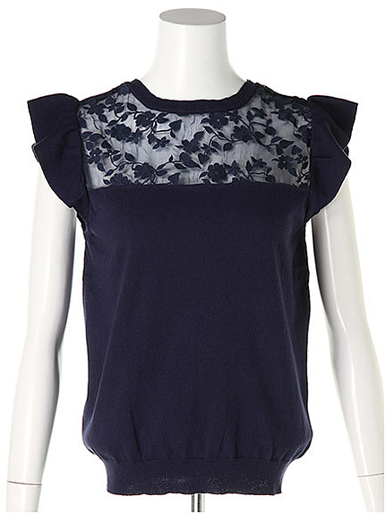 衿元レース透けフリルニット