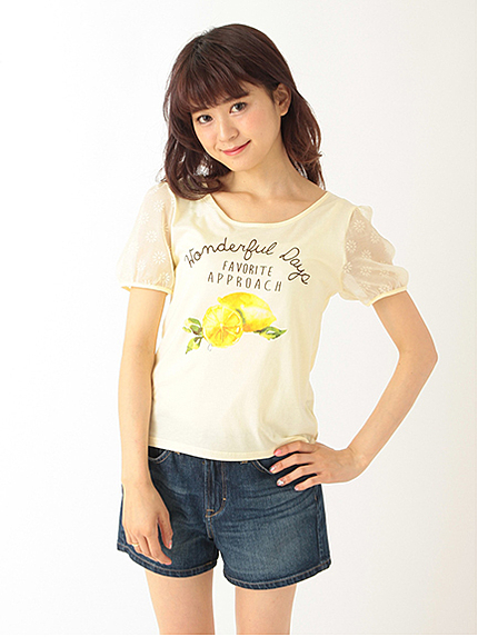 袖レースレモンプリントTシャツ