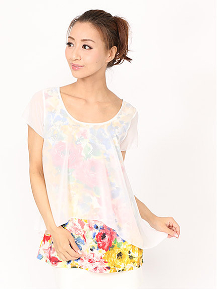 花柄シフォンコンビチュニック
