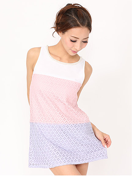 フェイクパール付き配色ワンピース