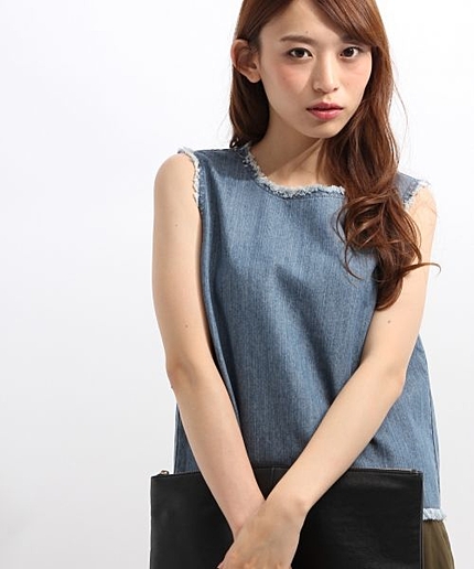 デニムフリンジノースリーブ