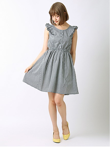 袖フリルギンガムワンピース