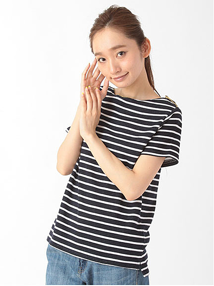 裏毛ボーダーファスナー付 半袖プルオーバー