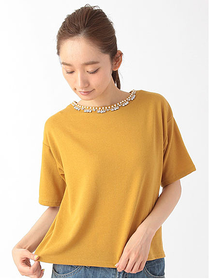 裏毛ビジュー付 半袖プルオーバー