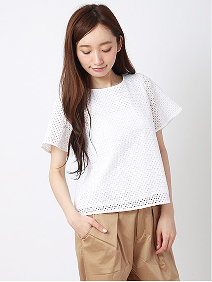 ローン幾何学オーバーレースブラウス 1702846-22-12-11